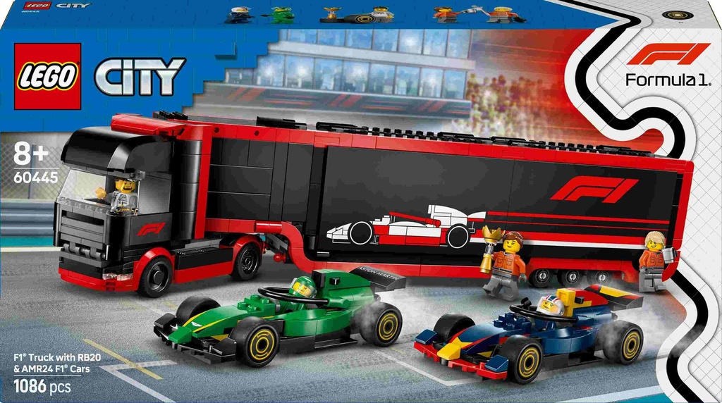 F1® truck met RB20 en AMR24 F1® auto's