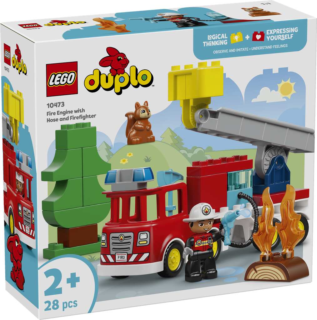 Brandweertruck met slang en brandweerman