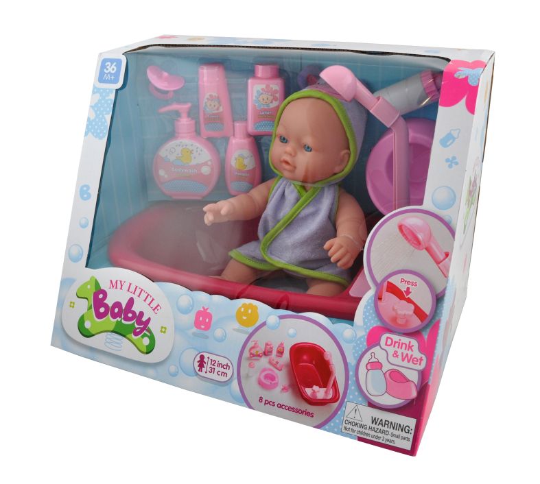 [40016017KID] 31cm Hard Body Doll with Bathtub Acc